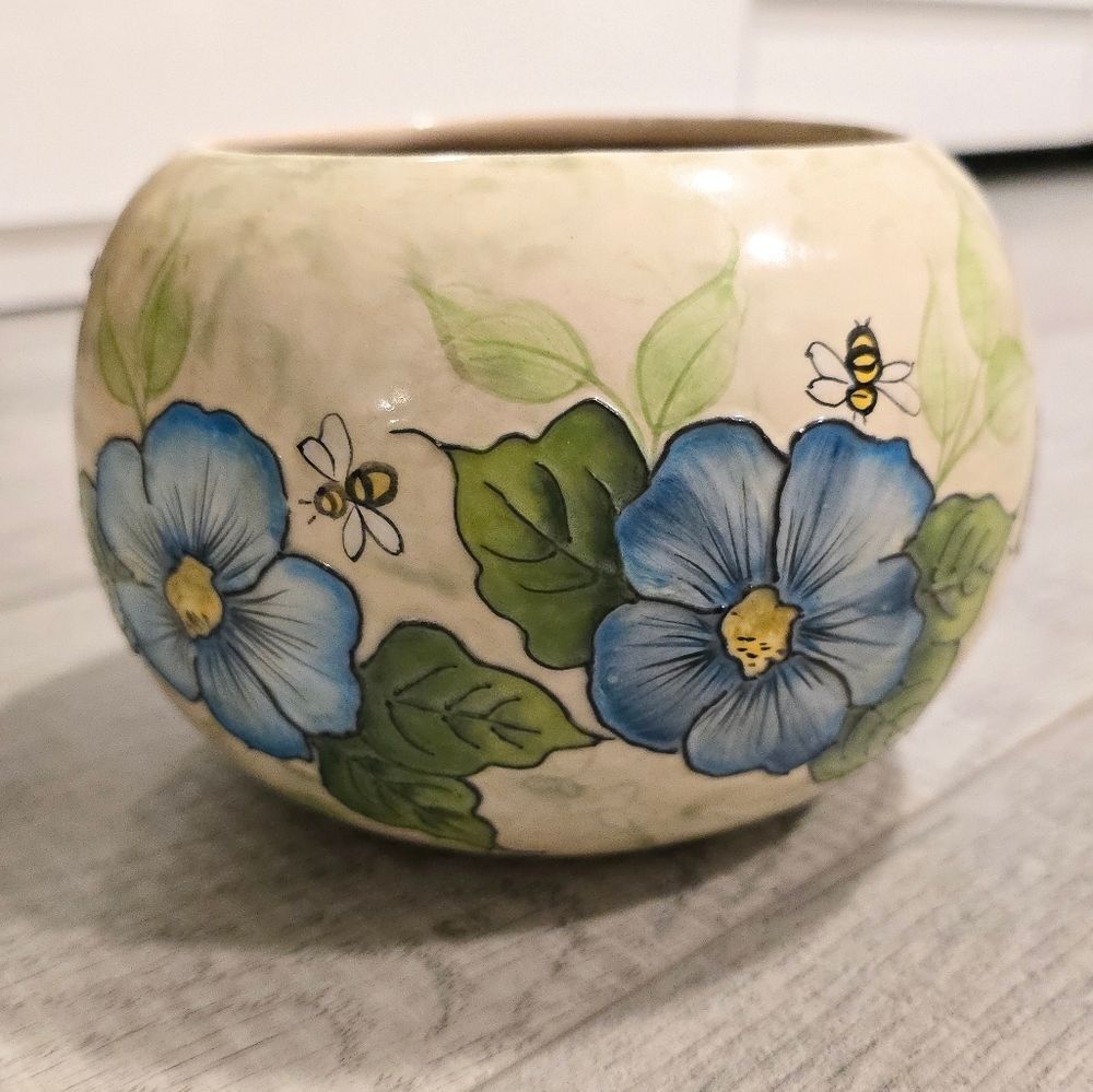 Handmade Pottery African Violet Planter Pot "Caribbean Blue with Bees" by Sandy